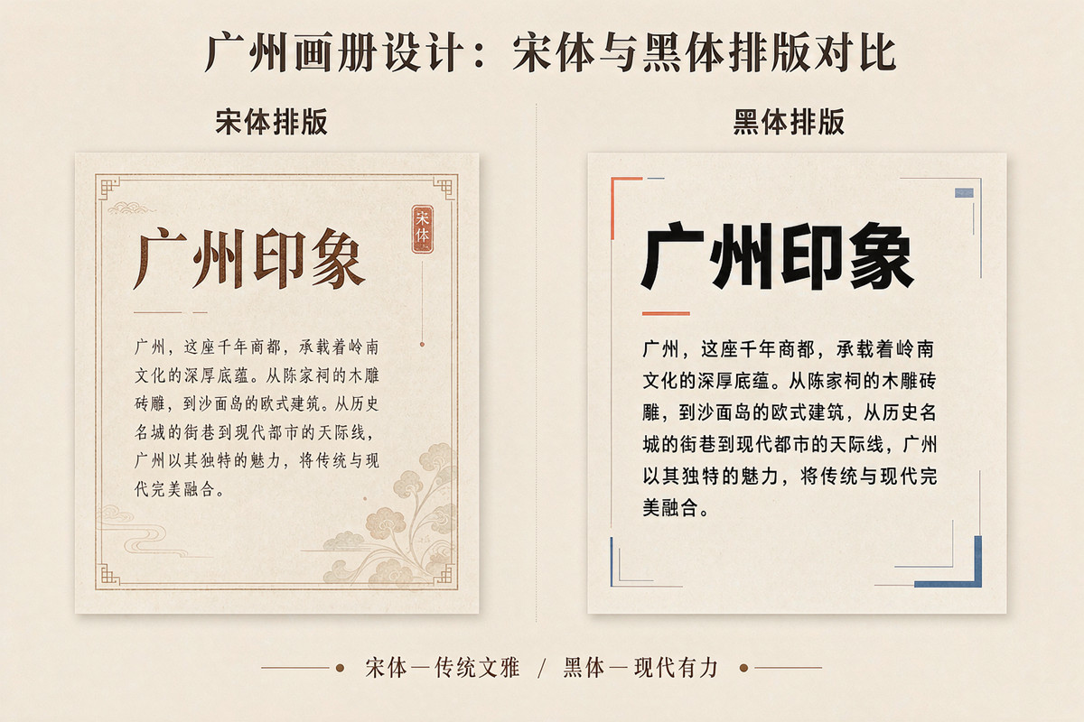 广州画册设计中的宋体与黑体排版对比示例